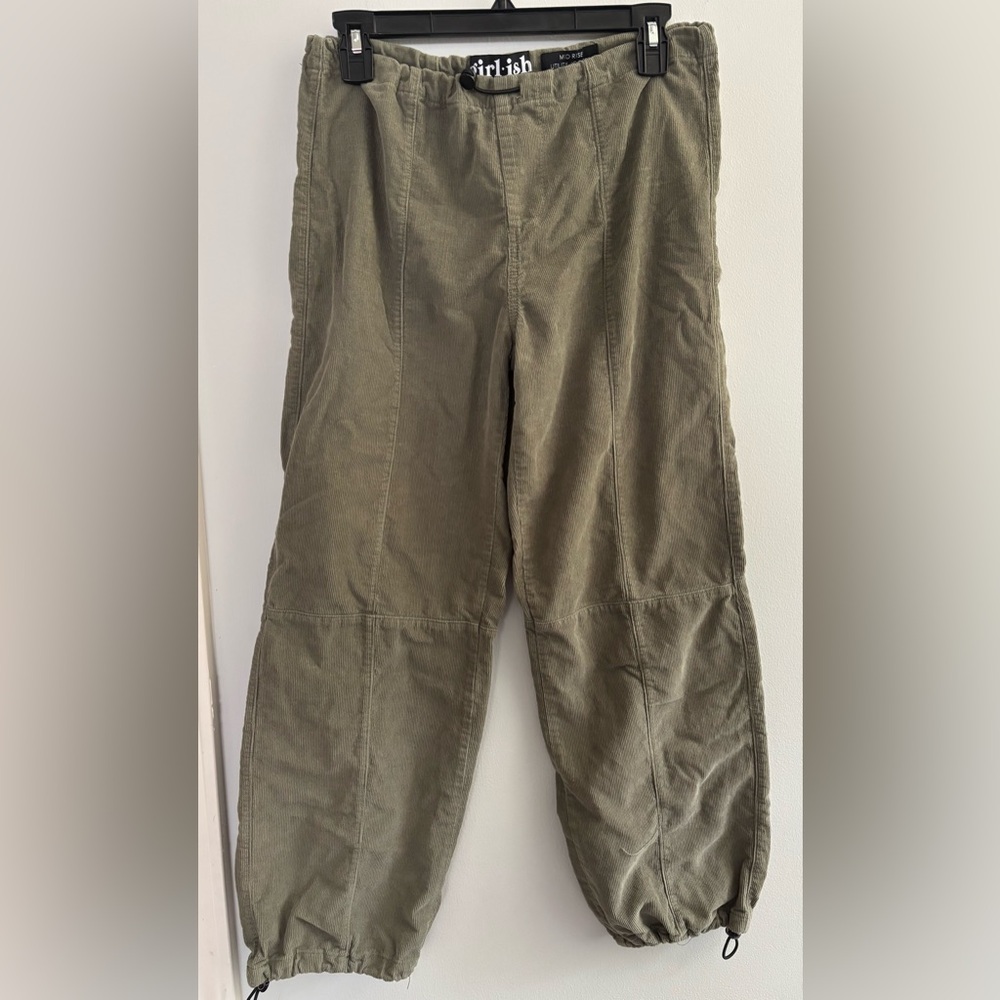 Girl-ish corduroy mid rise utility pant with cord lock at waistband and hems